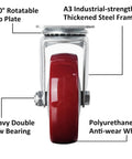Red heavy duty swivel caster set 4-inch with top plate and steel frame, polyurethane wheel. Ideal for easy equipment mobility.