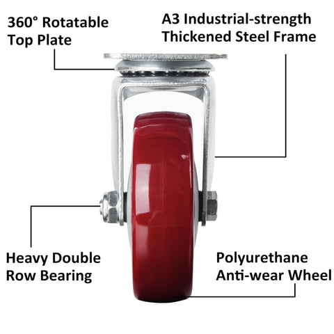 Red heavy duty swivel caster set 4-inch with top plate and steel frame, polyurethane wheel. Ideal for easy equipment mobility.