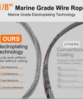 Comparison of one eighth inch marine grade stainless steel cable with loop sleeve and steel thimble for deck railing versus conventional cable