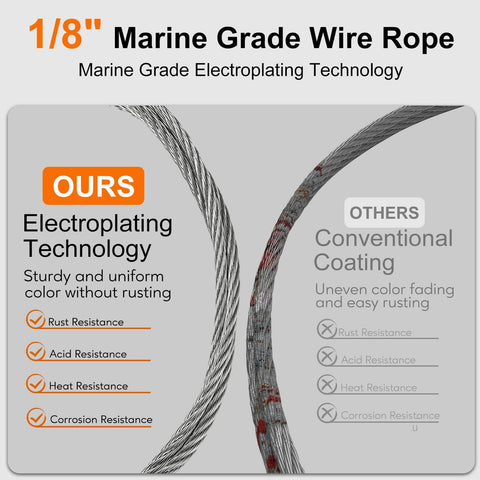 Comparison of one eighth inch marine grade stainless steel cable with loop sleeve and steel thimble for deck railing versus conventional cable