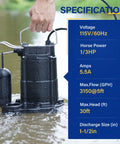 One Third Horsepower Submersible Sump Pump For Basements And Sewage Drainage, 3150 GPH, Cast Iron Build in water use