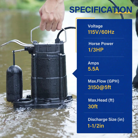 One Third Horsepower Submersible Sump Pump For Basements And Sewage Drainage, 3150 GPH, Cast Iron Build in water use