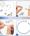 Steps to use 120 Pcs Memory Wire End Caps Set In Stainless Steel for DIY jewelry, showing wire, beads, and finished bracelet.