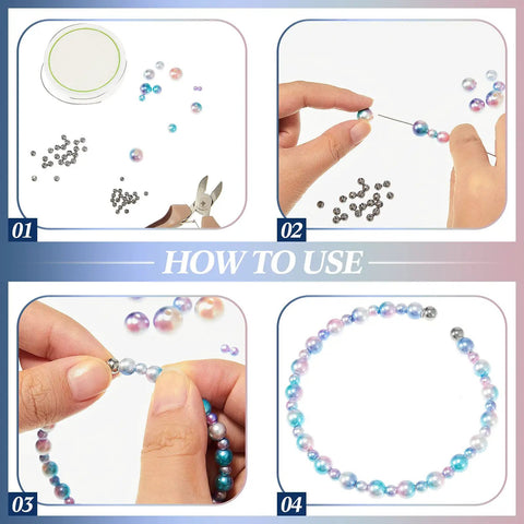 Steps to use 120 Pcs Memory Wire End Caps Set In Stainless Steel for DIY jewelry, showing wire, beads, and finished bracelet.