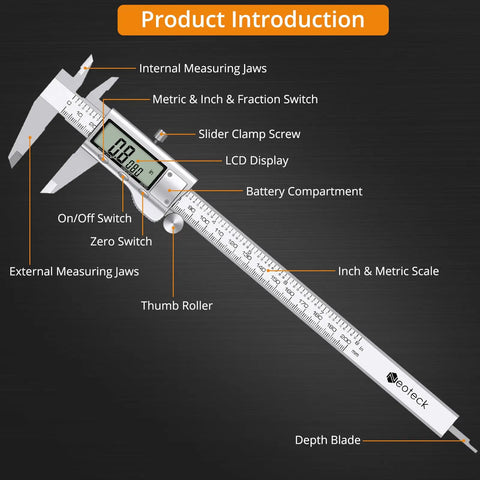 8 Inch Digital Caliper Vernier Caliper With Stainless Steel LCD Display showing labeled parts