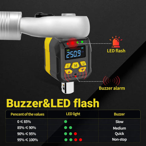 Pro Grade Digital Torque Adapter Set With 1/2 Inch Drive And 1/4 And 3/8 Socket Adapters, ISO 6789 Certified Plus/Minus 2 Percent Accuracy, 12 to 250 ft-lb/17 to 340 Nm, High Visibility Color Display With Audible Alerts And Overtightening Protection, digital torque adapter with LED flash and buzzer alarm