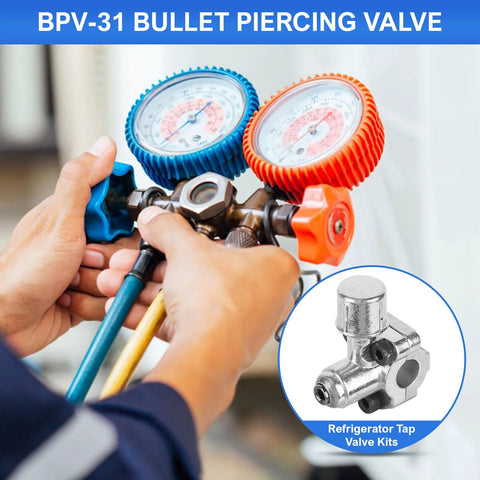 BPV-31 bullet piercing valve kit for refrigerator water line with blue and orange gauges