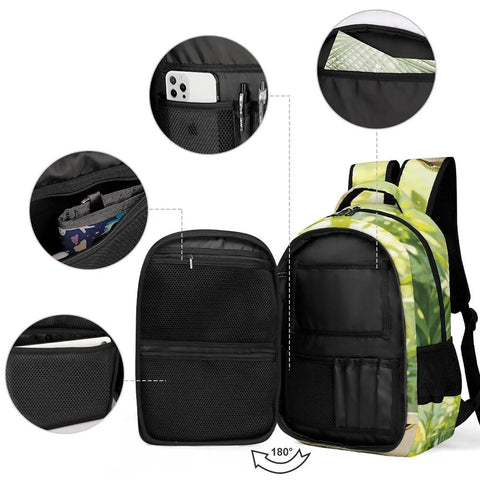 Tropical Hummingbird Lemon Coffee Print Unisex Backpack With Large Capacity open to show pockets and smooth zipper detail