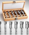 Bulletproof Six Piece Woodworking Dowel Plug Cutter Set For Plowing Through Thick Lumber And Snapping Tenons With Heavy Duty Steel Blades And Solid Wooden Carry Case displayed in wooden box, showcasing various sizes.