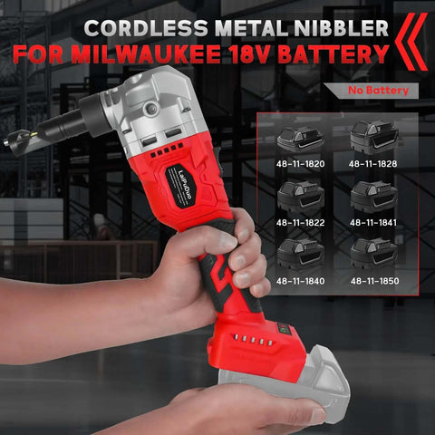 Cordless Metal Nibbler For 18V Batteries With Brushless Motor, 3 Speed Metal Cutter shown with compatible Milwaukee battery models.