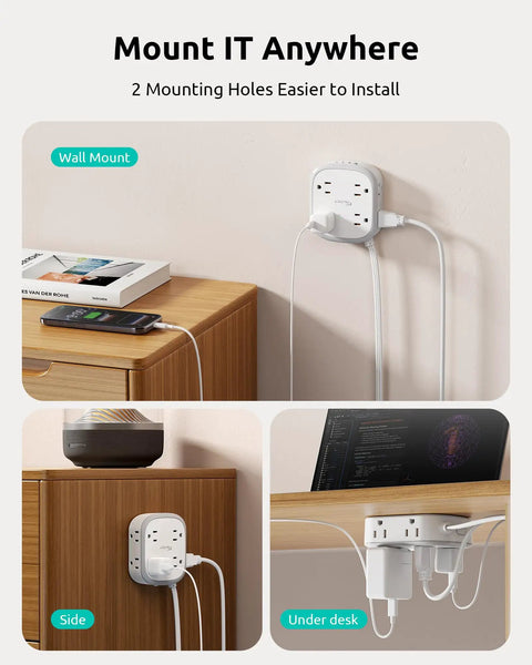360 Degree Rotating Flat Plug Surge Protector Power Strip With 1 Foot Extension Cord For Tight Behind Furniture Spaces And Heavy Nightstands, wall mount options.