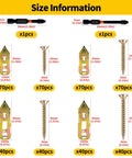 Beefy Contractor Grade 442-Piece Set Self Drilling Drywall Anchors Kit With Screws No Drill Needed Wall Anchors Four Sizes Zinc Plated Expansion Screws And Two Drill Bits Holds Up To 75 Lb. size chart of anchors, screws, and drill bits with measurements