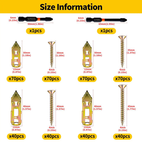 Beefy Contractor Grade 442-Piece Set Self Drilling Drywall Anchors Kit With Screws No Drill Needed Wall Anchors Four Sizes Zinc Plated Expansion Screws And Two Drill Bits Holds Up To 75 Lb. size chart of anchors, screws, and drill bits with measurements