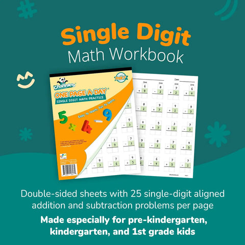 Cover and open pages of Single Digit Addition And Subtraction Math Workbook For Early Learners Pre K Through 1st Grade, Double Sided Practice Pages, 50 Pages, Easy And Fun Way To Build Fluency And Confidence In Basic Math.
