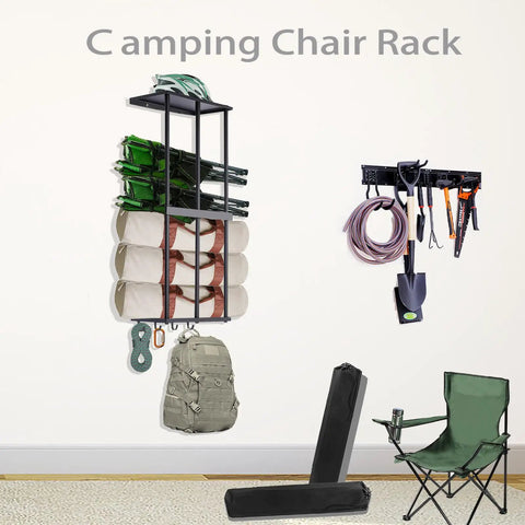 Heavy Duty Wall Mount Camping Chair Rack With Four Hooks For Garage Organizer holds chairs and gear