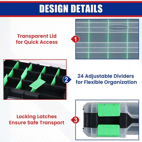 Design details of Small Parts Organizer And Hardware Storage Box Set Double Sided 34 Compartment Organizer With 24 Removable Dividers 2 Pack Green