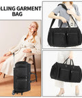Rolling carry-on garment bag in black, convertible style with wheels for wrinkle-free travel, shown in different uses.