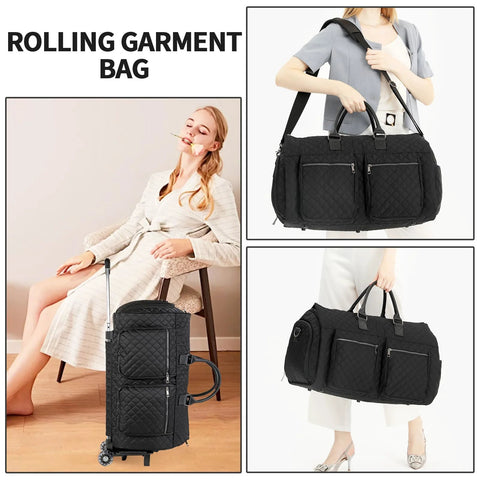 Rolling carry-on garment bag in black, convertible style with wheels for wrinkle-free travel, shown in different uses.
