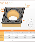 Diagram showing Lathe Turning Tool Carbide Inserts CCMT32.51 CCMT09T304 Tin Coated Semi Finishing Chipbreaker 10 Pack specifications.
