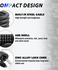 4ft 5 Dial Resettable Bike Lock Cable With Quick Release Mount showing steel cable, ABS shell, and zinc alloy lock core.