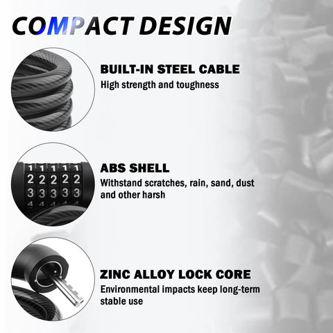 4ft 5 Dial Resettable Bike Lock Cable With Quick Release Mount showing steel cable, ABS shell, and zinc alloy lock core.