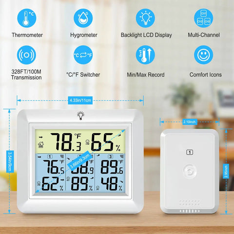 Wireless Indoor Outdoor Thermometer With 3 Remote Sensors And 1 Main Console Four Zone Temperature And Humidity Monitor