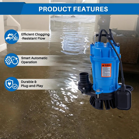 Built Tough 2 Inch Submersible Trash Pump Float Switch Replacement Compatible With Tsurumi Hsz24s Hsz24s62 shown in flooded area.