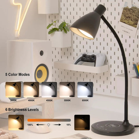 Gooseneck Desk Lamp With Wireless Charger And USB Port, 12W 1200 Lumens Eye Care LED Reading Light for Home Office Setup