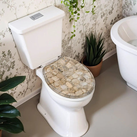 Round Stone wall Toilet Seat on a white toilet, featuring a sturdy resin design and soft-close hinge in a modern bathroom setting.