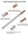Five Piece 3Mm Square Nose End Mills Set with 3Mm Shank, showing HRC55 Carbide AlTiN Coated CNC Router Bit with 4 Flutes for milling aluminum