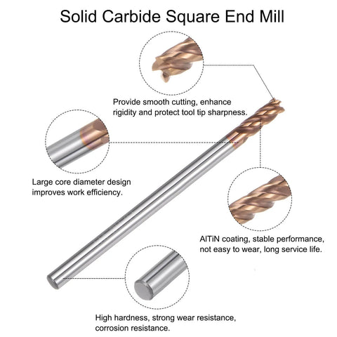 Five Piece 3Mm Square Nose End Mills Set with 3Mm Shank, showing HRC55 Carbide AlTiN Coated CNC Router Bit with 4 Flutes for milling aluminum