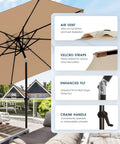 9Ft Patio Umbrella With Base Included For Outdoor Deck And Poolside Relaxation 8 Sturdy Ribs Waterproof Fade Resistant Tan Polyester Canopy Easy Setup shown with air vent, velcro straps, enhanced tilt, and crank handle features.
