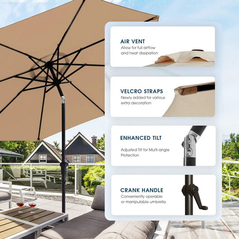 9Ft Patio Umbrella With Base Included For Outdoor Deck And Poolside Relaxation 8 Sturdy Ribs Waterproof Fade Resistant Tan Polyester Canopy Easy Setup shown with air vent, velcro straps, enhanced tilt, and crank handle features.