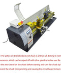 Brand New Mini Metal Lathe 1.1KW Brushless Motor 8x39 Inch Benchtop Engine showing speed control and oil for maintenance.
