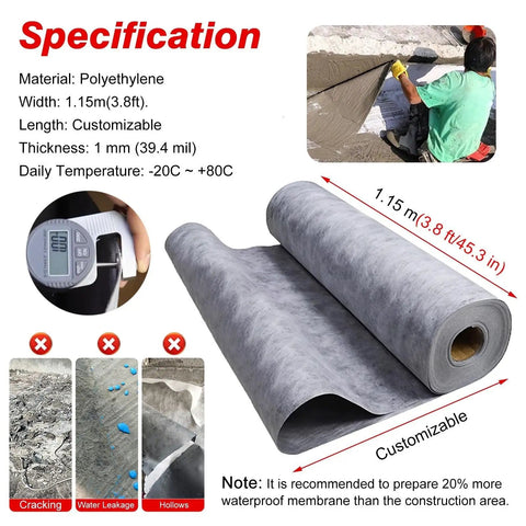 Pro Level Leak Proof Waterproofing Membrane Top Shelf Floor Underlayment For Kitchen And Bath Heavy Duty 144 Foot Roll 45 Inches Wide, 1.15m polyethylene roll shown with thickness and usage details.