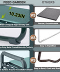 Comparison chart showing wider 10.23-inch kneeling pad of 2 In 1 Garden Kneeler And Seat Foldable Bench with features and material details.