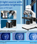 Kids and Adults Microscope With 40x to 2500x Magnification, Dual LED Illumination, 360 Degree Rotating Head, Kid-Friendly Eyepieces and Objective Lenses, Perfect for School Labs and Home Science Projects showing adjustable LED brightness