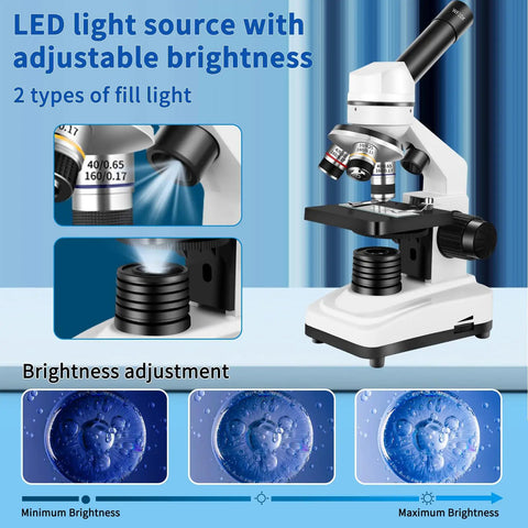 Kids and Adults Microscope With 40x to 2500x Magnification, Dual LED Illumination, 360 Degree Rotating Head, Kid-Friendly Eyepieces and Objective Lenses, Perfect for School Labs and Home Science Projects showing adjustable LED brightness