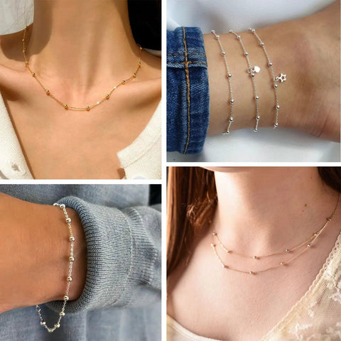 33ft 2mm Stainless Steel Satellite Bead Chain Roll Bulk For Jewelry Making, 304 Stainless Steel Nickel Free And Lead Free Cable Chain With 4mm Beads, Ideal For Necklaces, Bracelets, And Artisan Jewelry Projects on necklace and bracelet models