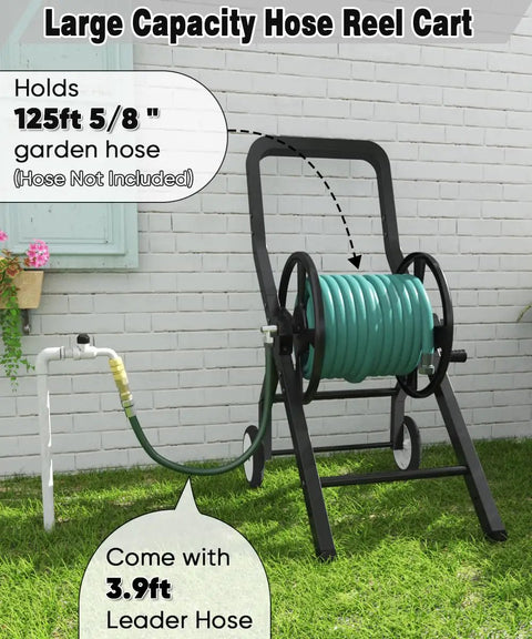 Built Tough Heavy Duty Garden Hose Reel Cart With Wheels For Outdoor Use Built From Powder Coated Steel Water Storage And Winder Holds 125 Feet Of 5/8 Inch Hose Plus 3.9 Foot Leader Hose In Black shown