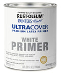 Painter's Touch Latex Paint And Primer Acrylic Flat White 32 Oz Quart Water Based Indoor Outdoor Use Quick Dry In About 30 Minutes Low Odor Covers Up To 120 Sq Ft Easy Brush On Finish white primer can front view