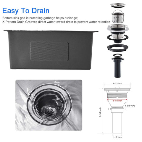 Bottom view of Undermount Kitchen Sink In Brushed Stainless Steel 18 Gauge T304 Handmade Single Bowl With Drain Strainer, dimensions shown.