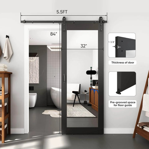 Black 32 Inch By 84 Inch Mirror Barn Door With Five Point Five Foot Sliding Hardware Kit Included No Assembly Required One Lite
