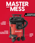 Compact 4 Gallon Wet Dry Shop Vac With 3.5 Peak Hp Motor and Kickin Suction for Garage Cleanups, red polypropylene construction.