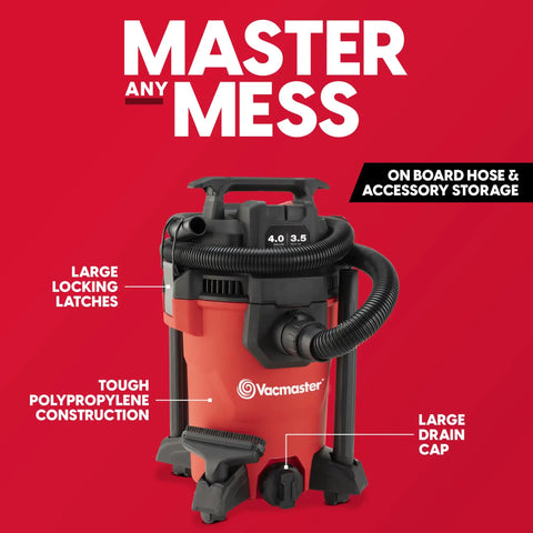 Compact 4 Gallon Wet Dry Shop Vac With 3.5 Peak Hp Motor and Kickin Suction for Garage Cleanups, red polypropylene construction.