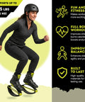 Woman using Adult Jumping Shoes For Fitness And Fun Kangaroo Jump Boots with Adjustable Bounce, supports up to 245 lbs, green.