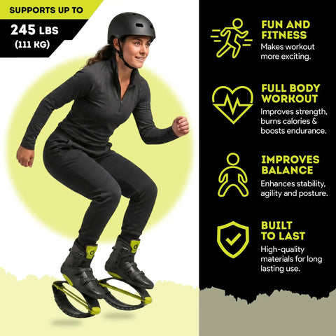 Woman using Adult Jumping Shoes For Fitness And Fun Kangaroo Jump Boots with Adjustable Bounce, supports up to 245 lbs, green.