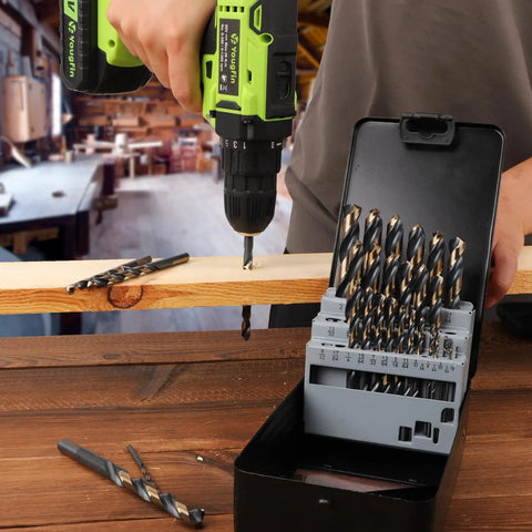 Heavy Duty HSS Drill Bit Set 1/16 To 1/2 Inch With Black And Gold Oxide Finish M2 Jobber Length Twist Bits 29-Piece With Index Case in use