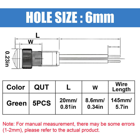 Stainless Steel Waterproof LED Indicator Light 12 24V IP66 Dash Lamp With 145Mm Wire 6Mm One Quarter Inch Flat Head Pilot Lamp For Cars Trucks Boats Marine Green Boss Grade All Weather Ready, 6mm hole size, 5pcs
