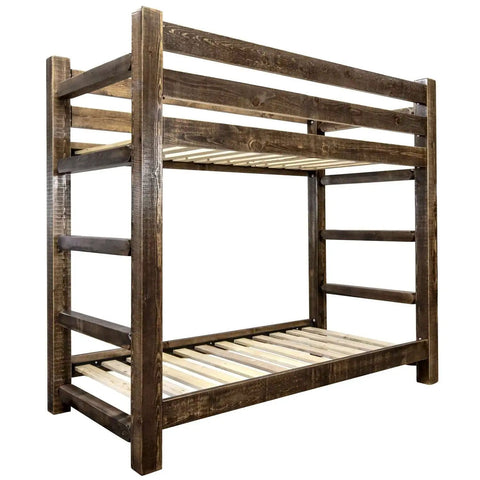 Twin Over Twin Bunk Bed From The Homestead Collection In Stain, Handcrafted In America From Lodge Pole Pine with built-in ladders